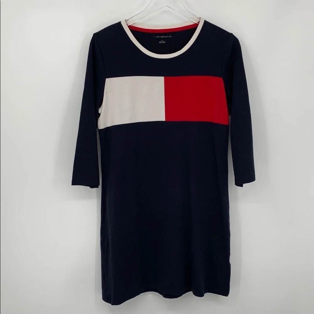 Tommy Hilfiger t-shirt knit dress mini flag logo colorblock navy blue red Medium